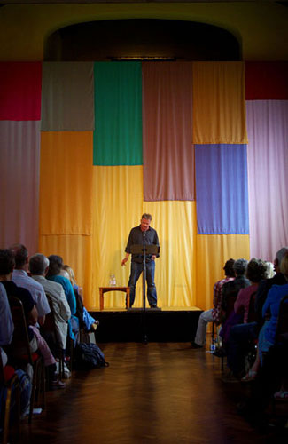 Glyn Maxwell reads at Ledbury Poetry Festival 2009 Banner-Backdrop in silk, 5.5 x 6.5 metres, by Mali Morris